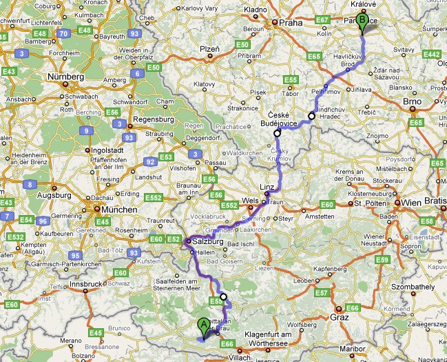 7_PO_map.jpg - 620Km sám domů:( http://maps.google.com/maps?f=d&source=s_d&saddr=Oberdorf+Wei%C3%9Fensee,+Spittal+an+der+Drau,+Korutany,+Rakousko&daddr=B99%2FKatschberg-Bundesstra%C3%9Fe+to:Silnice+3%2FE55+to:49.126017,15.012817+to:Chrudim&geocode=FY7wyAIdIYHKAA%3BFS5F0AIdSFHPAA%3BFezQ6gIdSIDcAA%3B%3B&hl=cs&mra=dpe&mrcr=0&mrsp=3&sz=9&via=1,2,3&sll=48.933326,14.672241&sspn=1.042908,2.458191&ie=UTF8&ll=48.370848,15.985107&spn=4.218664,14.018555&z=7