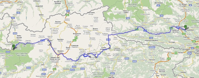 2den_DELLACH-TRAFOI_400km.jpg - podrobná mapa: http://maps.google.com/maps?f=d&source=s_d&saddr=Dellach,+Millstatt,+%C3%96sterreich&daddr=SP49+to:SP251+to:Via+Pallua%2FSR48+to:Localit%C3%A0+Passo+Fedaia%2FSP641+to:Feldgatterweg+to:Localit%C3%A0+Trafoi%2FSS38+to:Localit%C3%A0+Trafoi&hl=cs&geocode=FUbvyQIdKcLPACkdx9eUJphwRzEwYHmgWZcACg%3BFSyIxgIdftW6AA%3BFQLNxAIdzgS3AA%3BFWZtxQId0O20AA%3BFVLZxAIdpXy1AA%3BFc05xwIdS4CqAA%3BFeNDxgIdM02gAA%3BFd4xxgId_lWgAA&mra=mrv&mrcr=0&via=1,2,3,4,5,6&dirflg=t&sll=46.545639,10.925903&sspn=1.186316,3.751831&ie=UTF8&ll=46.730448,12.513428&spn=1.219924,2.705383&z=9